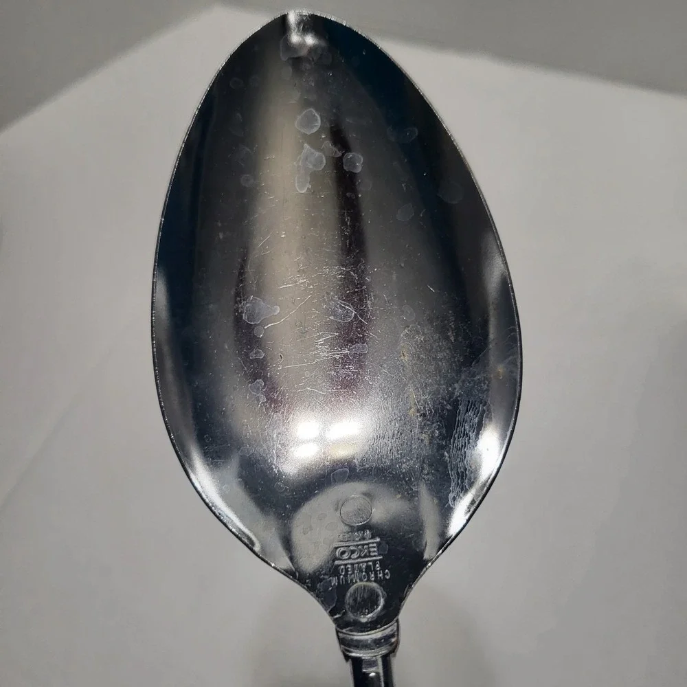 Vtg Ekco USA Chromium Plated Serving Spoon White Speckled Plastic Handle12.5